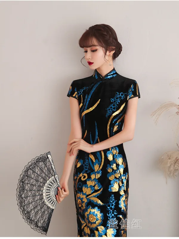 Style Chinois Bleu Marine Paillettes Robe De Soirée Cheongsam 2021 Trompette / Sirène Velour Col Haut Manches Courtes Thé Longueur Robe De Ceremonie