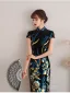 Style Chinois Bleu Marine Paillettes Robe De Soirée Cheongsam 2021 Trompette / Sirène Velour Col Haut Manches Courtes Thé Longueur Robe De Ceremonie