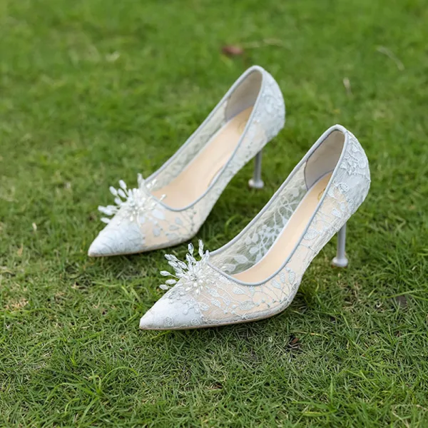 Elegant Grey Lace Flower Wedding Shoes 2022 8 cm Stiletto Heels Pointed Toe Wedding Pumps High Heels