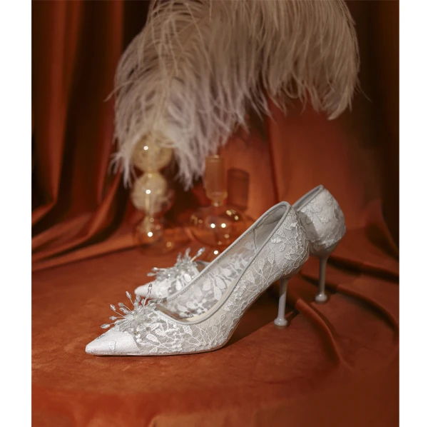 Chic / Beautiful White Lace Flower Wedding Shoes 2022 8 cm Stiletto Heels Pointed Toe Wedding Pumps High Heels