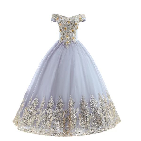 Elegant Silver Grey Prom Dresses 2022 Ball Gown Off-The-Shoulder Beading Pearl Sequins Lace Flower Short Sleeve Backless Floor-Length / Long Formal Dresses