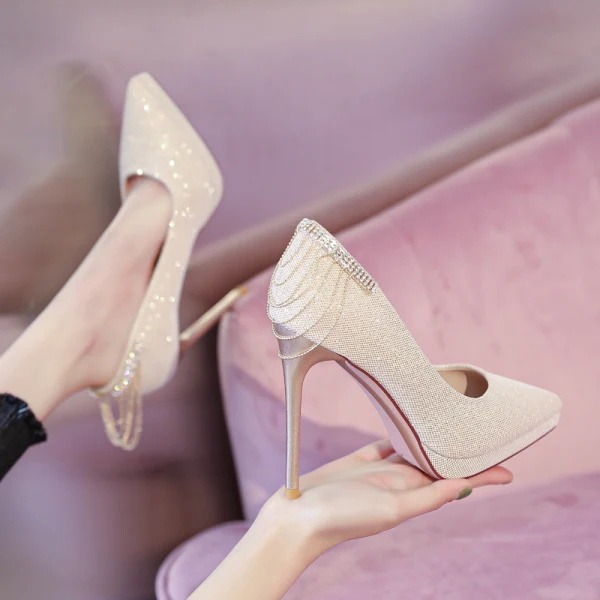 Glittrande Guld Rhinestone Brudskor 2022 11 cm Stilettklackar Spetsiga Bröllop Pumps Högklackade