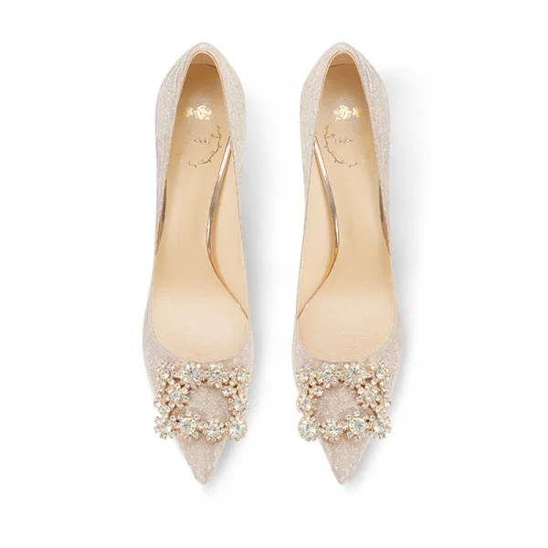 Charming Gold Rhinestone Wedding Shoes 2022 8 cm Thick Heels Pointed Toe Wedding Pumps High Heels