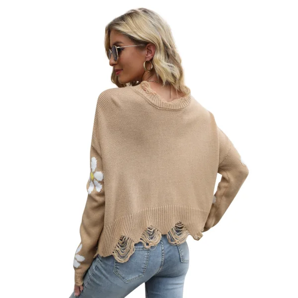 Fashion Fall Winter Street Wear Tan Knitting Flower Sweaters 2021 V-Neck Long Sleeve Loose Women Tops
