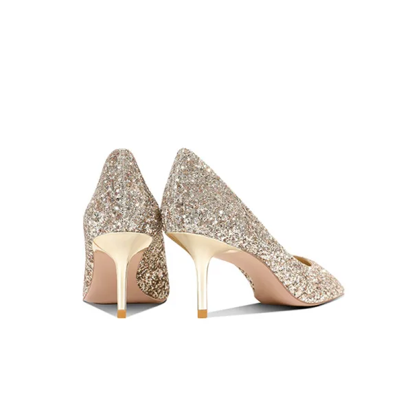 Glittrande Rosa Guld Paljetter Brudskor 2022 Läder 8 cm Stilettklackar Spetsiga Pumps Högklackade