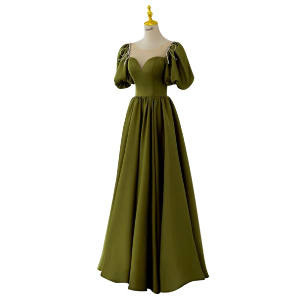 Modest / Simple Olive Green Beading Bow Prom Dresses 2022 A-Line / Princess Scoop Neck Short Sleeve Backless Floor-Length / Long Formal Dresses