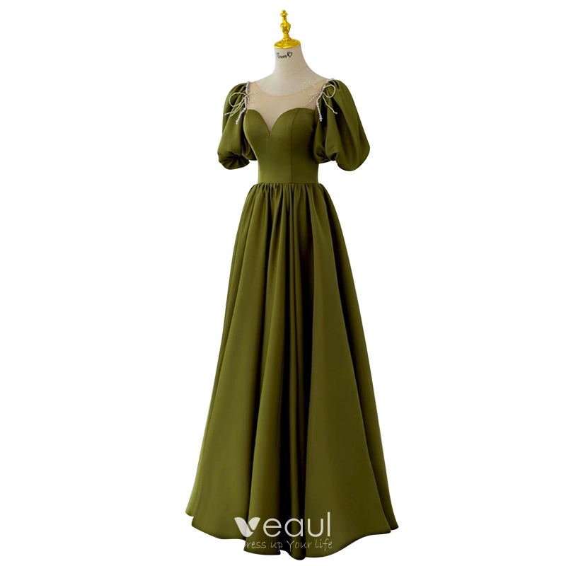 Modest / Simple Olive Green Beading Bow Prom Dresses 2022 A-Line / Princess  Scoop Neck Short Sleeve Backless Floor-Length / Long Formal Dresses