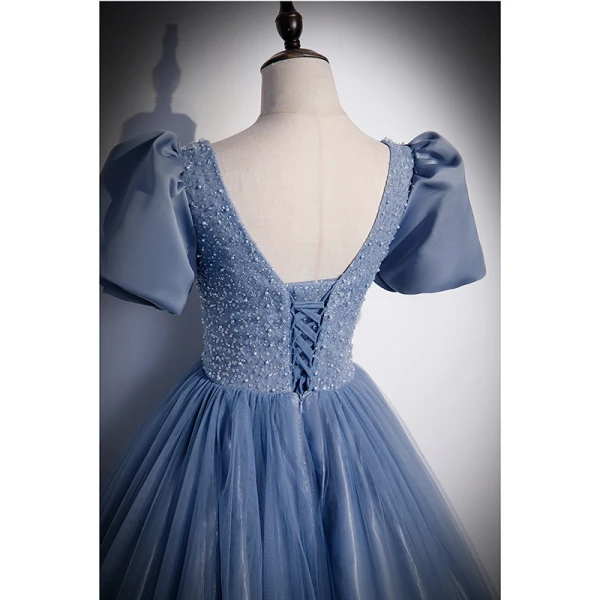 Élégant Bleu Ciel Robe De Bal 2022 Princesse Encolure Dégagée Perlage Perle Paillettes Gonflée Manches Courtes Dos Nu Longue Robe De Ceremonie