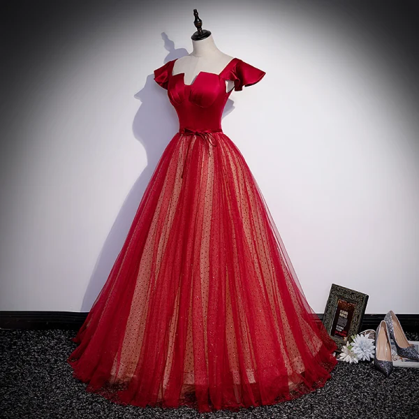 Elegante Rot Geflecktes Glanz Ballkleider 2022 A Linie Eckiger Ausschnitt Stoffgürtel Schleife Kurze Ärmel Rückenfreies Lange Festliche Kleider