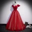 Elegante Rot Geflecktes Glanz Ballkleider 2022 A Linie Eckiger Ausschnitt Stoffgürtel Schleife Kurze Ärmel Rückenfreies Lange Festliche Kleider