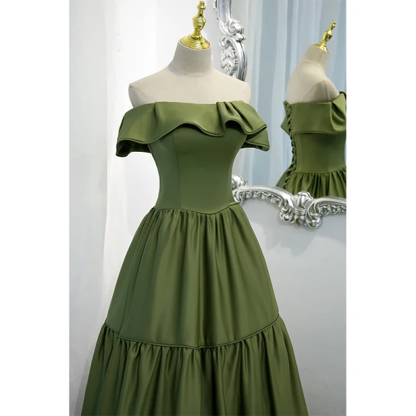 Vintage / Retro Olive Green Prom Dresses 2021 A-Line / Princess Off-The-Shoulder Sleeveless Backless Floor-Length / Long Formal Dresses