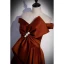 Elegant Coffee Satin Prom Dresses 2022 A-Line / Princess Off-The-Shoulder Bow Short Sleeve Backless Floor-Length / Long Formal Dresses