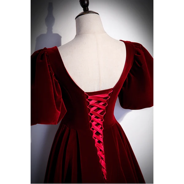 Elegant Burgundy Velour Prom Dresses 2022 A-Line / Princess Suede V-Neck Short Sleeve Backless Floor-Length / Long Formal Dresses