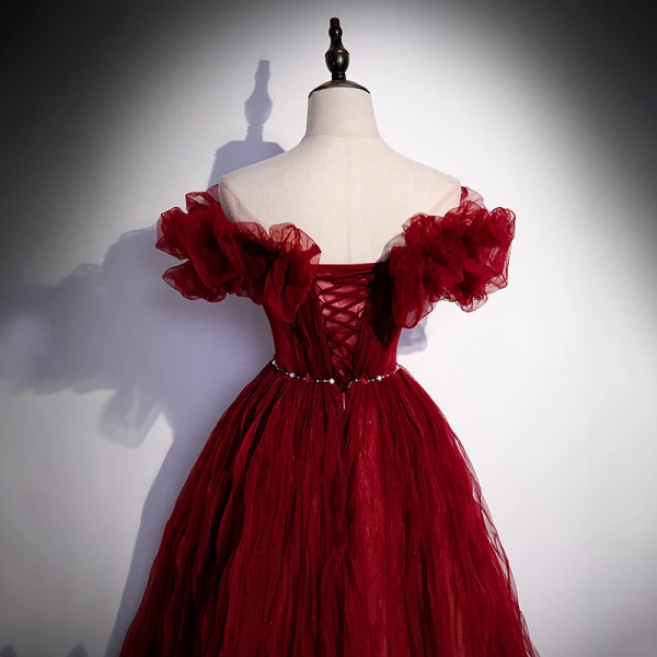 Chic / Beautiful Burgundy Pierced Prom Dresses 2022 A-Line / Princess Ruffle Off-The-Shoulder Short Sleeve Pearl Sash Backless Floor-Length / Long Formal Dresses