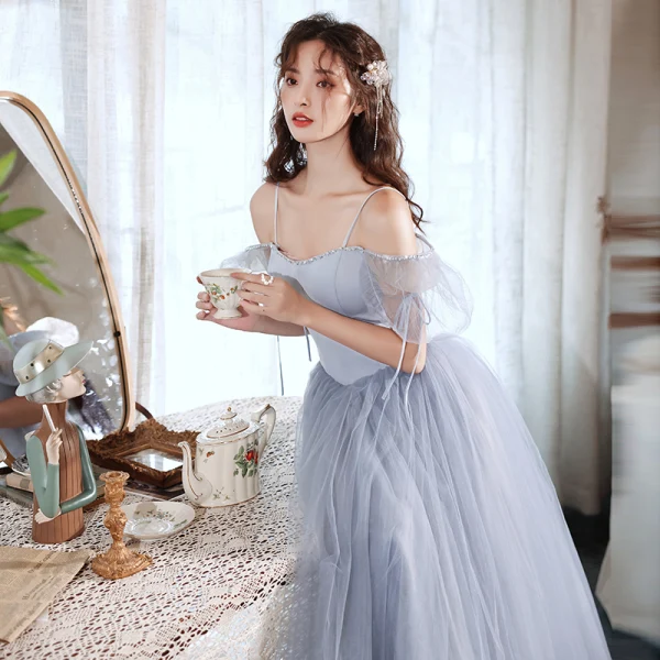 Vintage / Retro Grey Prom Dresses 2022 A-Line / Princess Square Neckline Puffy Short Sleeve Backless Floor-Length / Long Formal Dresses