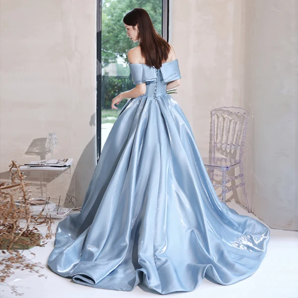 Elegant Sky Blue Satin Prom Dresses 2022 A-Line / Princess Off-The-Shoulder Short Sleeve Bow Backless Sweep Train Formal Dresses