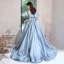 Elegant Sky Blue Satin Prom Dresses 2022 A-Line / Princess Off-The-Shoulder Short Sleeve Bow Backless Sweep Train Formal Dresses