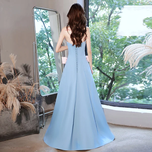 Lovely Sky Blue Rhinestone Bow Prom Dresses 2022 Satin A-Line / Princess Strapless Sleeveless Backless Floor-Length / Long Prom Formal Dresses