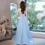 Lovely Sky Blue Rhinestone Bow Prom Dresses 2022 Satin A-Line / Princess Strapless Sleeveless Backless Floor-Length / Long Prom Formal Dresses