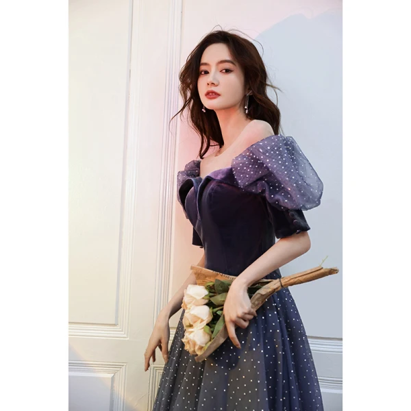 Fashion Navy Blue Suede Rhinestone Prom Dresses 2022 A-Line / Princess Scoop Neck Short Sleeve Backless Floor-Length / Long Formal Dresses