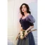 Fashion Navy Blue Suede Rhinestone Prom Dresses 2022 A-Line / Princess Scoop Neck Short Sleeve Backless Floor-Length / Long Formal Dresses