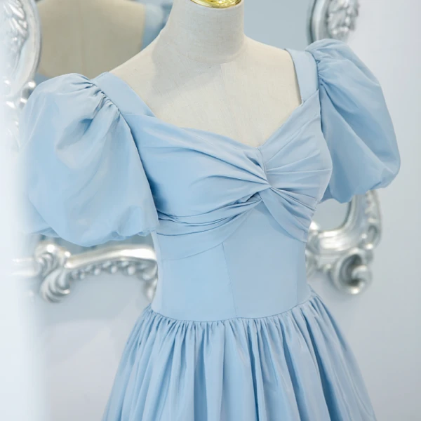 Chic / Beautiful Sky Blue Prom Dresses 2021 A-Line / Princess Square Neckline Short Sleeve Backless Floor-Length / Long Formal Dresses