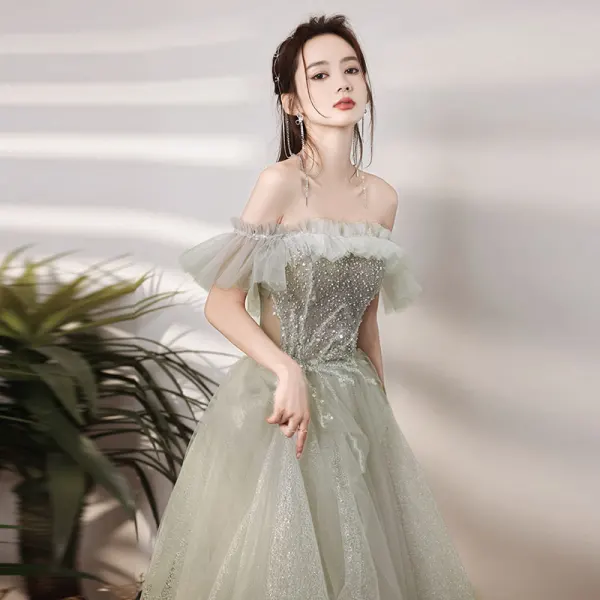 Charming Sage Green Prom Dresses 2022 A-Line / Princess Ruffle Off-The-Shoulder Beading Pearl Sequins Short Sleeve Backless Floor-Length / Long Formal Dresses
