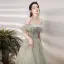 Charming Sage Green Prom Dresses 2022 A-Line / Princess Ruffle Off-The-Shoulder Beading Pearl Sequins Short Sleeve Backless Floor-Length / Long Formal Dresses