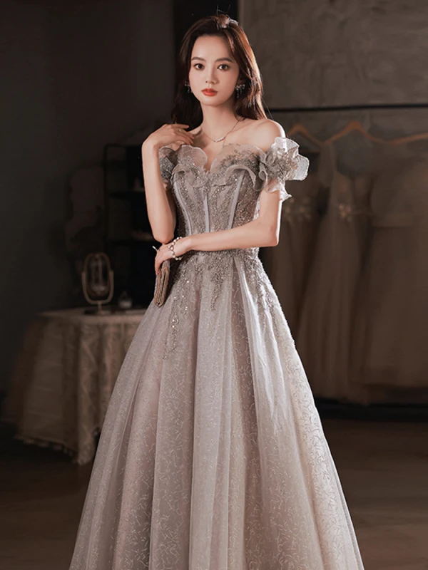 Charming Silver Prom Dresses 2022 A-Line / Princess Off-The-Shoulder Short Sleeve Backless Floor-Length / Long Formal Dresses