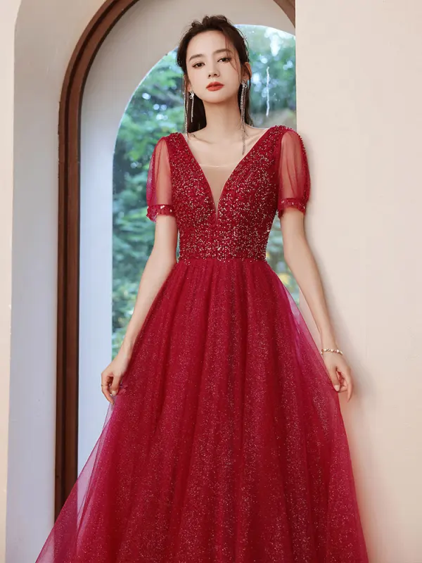 Sparkly Burgundy Glitter Prom Dresses 2022 A-Line / Princess V-Neck Short Sleeve Backless Rhinestone Floor-Length / Long Formal Dresses