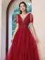 Sparkly Burgundy Glitter Prom Dresses 2022 A-Line / Princess V-Neck Short Sleeve Backless Rhinestone Floor-Length / Long Formal Dresses