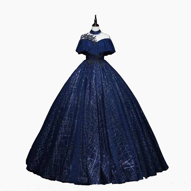 Vintage Retro Navy Blue Prom Dresses 2022 Ball Gown High Neck Glitter  Beading Sequins Lace Flower Short Sleeve Backless Floor Length Long Formal  Dresses