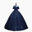 Vintage / Retro Navy Blue Prom Dresses 2022 Ball Gown High Neck Glitter Beading Sequins Lace Flower Short Sleeve Backless Floor-Length / Long Formal Dresses