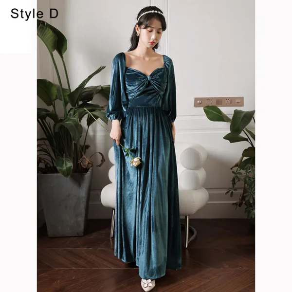 Modest / Simple Ink Blue Suede Bridesmaid Dresses 2022 A-Line / Princess V-Neck Short Sleeve Backless Floor-Length / Long Wedding Party Dresses
