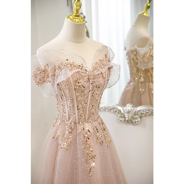 Charmant Rougissant Rose Perlage Paillettes En Dentelle Fleur Robe De Bal 2022 Princesse De l'épaule Manches Courtes Dos Nu Longue Robe De Ceremonie