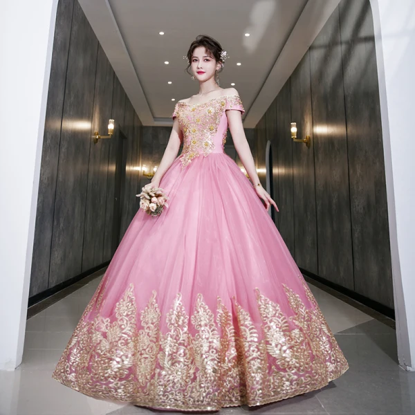 Chic / Belle Ethnique Rose Bonbon Robe De Bal 2022 Robe Boule De l'épaule Perlage Perle Paillettes En Dentelle Fleur Manches Courtes Dos Nu Longue Robe De Ceremonie