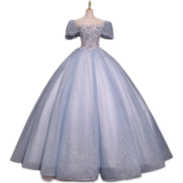 Elegant Sky Blue Lace Flower Prom Dresses 2022 Ball Gown Scoop Neck Beading Pearl Sequins Rhinestone Puffy Short Sleeve Backless Floor-Length / Long Formal Dresses