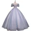 Elegant Sky Blue Lace Flower Prom Dresses 2022 Ball Gown Scoop Neck Beading Pearl Sequins Rhinestone Puffy Short Sleeve Backless Floor-Length / Long Formal Dresses