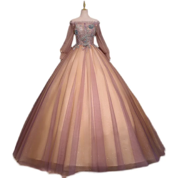 Elegant Purple Pearl Sequins Lace Flower Prom Dresses 2022 Ball Gown Off-The-Shoulder Long Sleeve Floor-Length / Long Formal Dresses