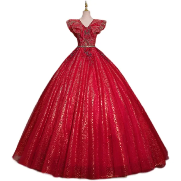 Chic / Beautiful Burgundy Glitter Sequins Prom Dresses Ball Gown 2022 V-Neck Rhinestone Short Sleeve Backless Floor-Length / Long Formal Dresses