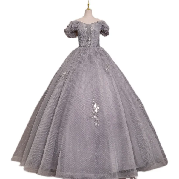 Élégant Gris Paillettes Robe De Bal 2022 Princesse De l'épaule Appliques Gonflée Manches Courtes Dos Nu Longue Robe De Ceremonie