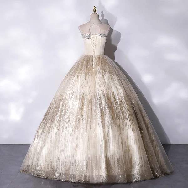 Sparkly Champagne Beading Sequins Prom Dresses Prom Dresses 2021 Ball Gown Scoop Neck Sleeveless Backless Floor-Length / Long Formal Dresses