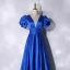Vintage / Retro Royal Blue Satin Prom Dresses 2021 A-Line / Princess V-Neck Puffy Short Sleeve Backless Floor-Length / Long Formal Dresses