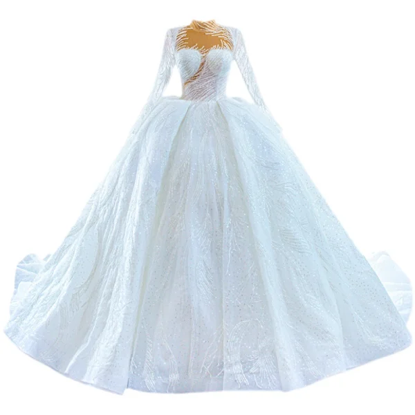High End Weiß Handgefertigt Perlenstickerei Pailletten Brautkleider / Hochzeitskleider 2022 Ballkleid Stehkragen Lange Ärmel Königliche Schleppe