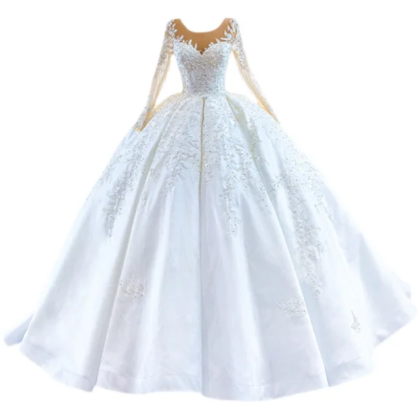 High-end White Beading Pearl Lace Flower Wedding Dresses 2022 Ball Gown Scoop Neck Long Sleeve Court Train Wedding