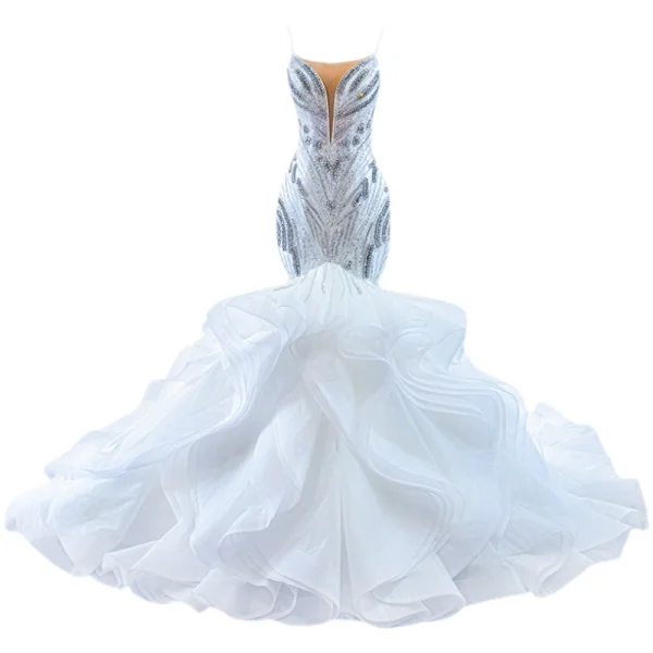 Luxury / Gorgeous High-end White Cascading Ruffles Beading Pearl Rhinestone Sequins Wedding Dresses 2022 Trumpet / Mermaid Spaghetti Straps Sleeveless Backless Court Train