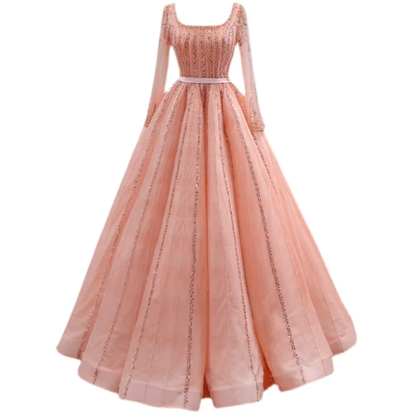 High End Pink Ballkleider 2022 A Linie Eckiger Ausschnitt Perlenstickerei Strass Pailletten Lange Ärmel Rückenfreies Lange Festliche Kleider