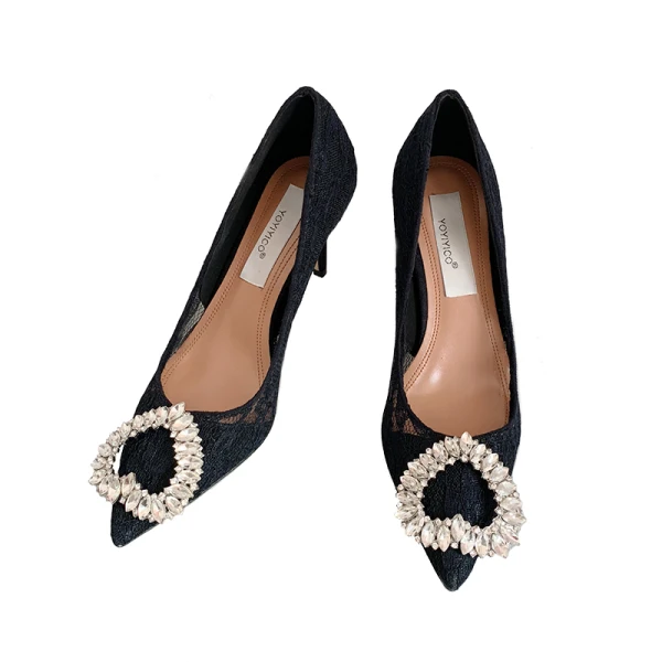 Charming Nude Rhinestone Lace Flower Evening Party Pumps 2022 8 cm Stiletto Heels Pointed Toe Pumps High Heels