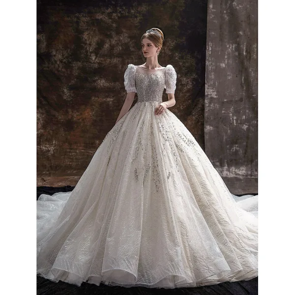 Luxury / Gorgeous White Beading Rhinestone Sequins Lace Flower Wedding Dresses 2022 Ball Gown Scoop Neck Short Sleeve Backless Royal Train Wedding