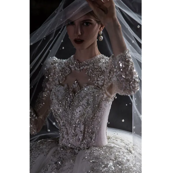 Luxury / Gorgeous Ivory Beading Pearl Sequins Cascading Ruffles Wedding Dresses 2022 Ball Gown Scoop Neck Long Sleeve Backless Royal Train